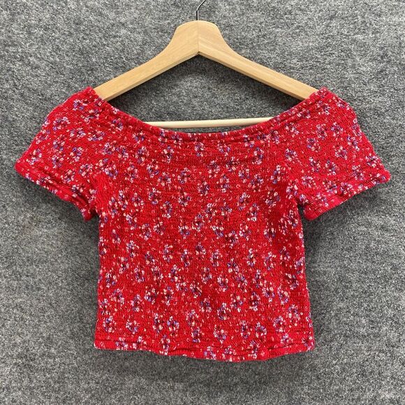 Japna Tops - Japna Top Women S Small Red Floral Round Neck Short Sleeve Pullover Casual